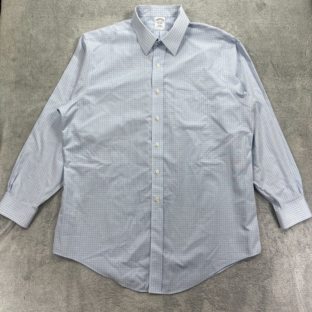 Brooks Brothers Dress Shirt Mens 17.5 Blue Check Cotton Pleated Slim Fit Formal